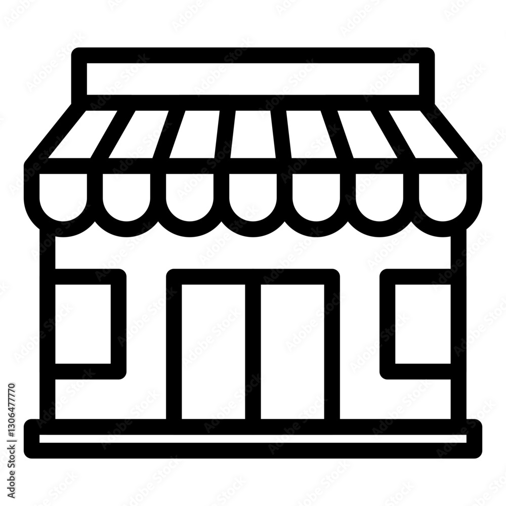 Retail storefront icon, outlined building with striped awning, simple line art style, two windows, double doors, flat design Retail storefront icon, outlined building with striped awning, simple line art style, two windows, double doors, flat design