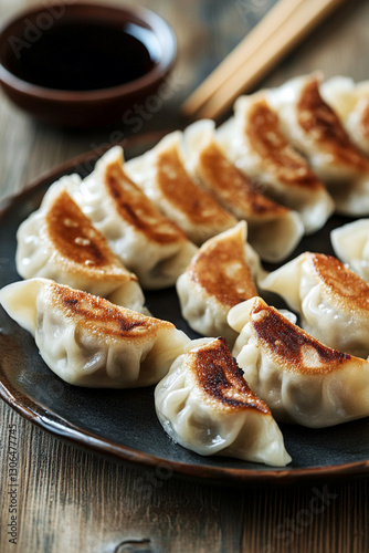 Traditional Chinese dumplings neatly arranged on a plate with soy sauce photo