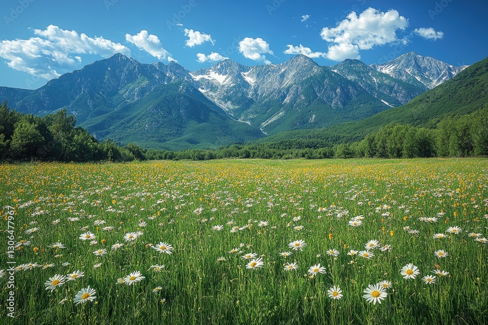 Fototapeta premium A beautiful field of colorful wildflowers against a majestic mountain backdrop