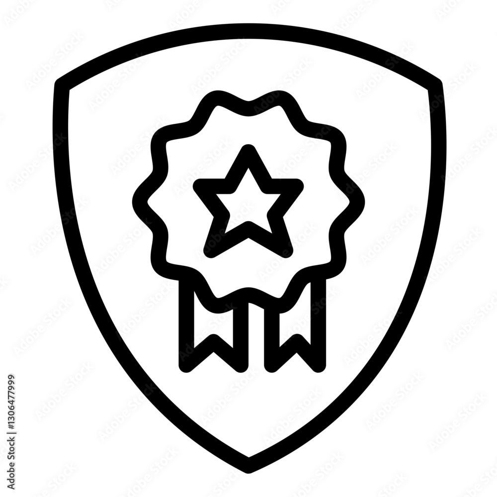 Award badge inside a shield shape. The badge features a star and ribbons. The style is simple line art with bold outlines Award badge inside a shield shape. The badge features a star and ribbons. The style is simple line art with bold outlines