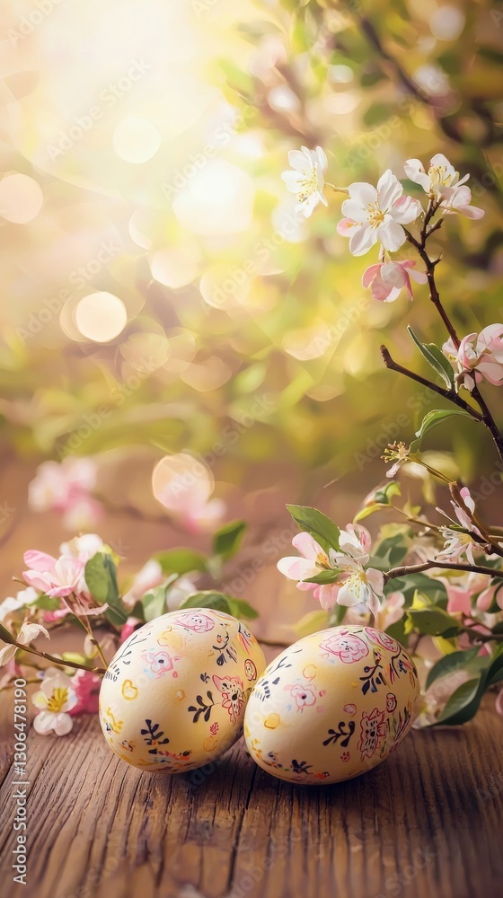 Fototapeta premium Decorative Easter eggs with flower branches and sunlight