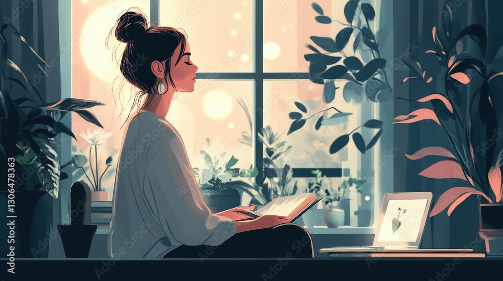 © Tania - Young hispanic female reading and relaxing by window in cozy plant-filled room
