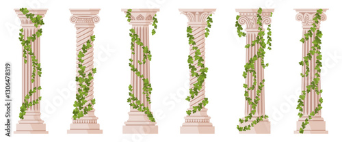 Ivy columns. Marble architectural elements covered with creepers, greek stone pillars, decorative green plants, classic building supports, cartoon flat style isolated nowaday vector set