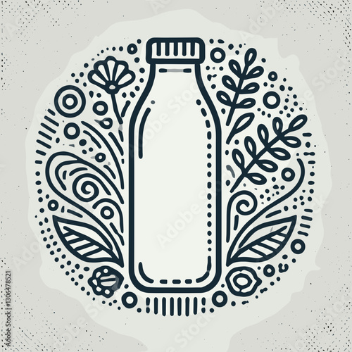 Artistic illustration of a bottle surrounded by floral and natural elements