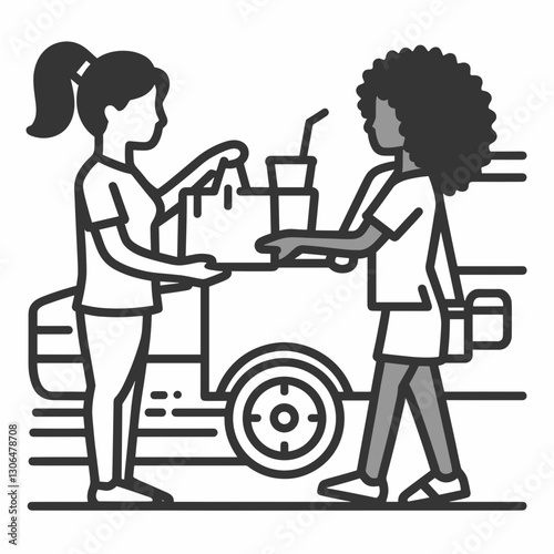Two women exchanging food and drinks near a parked delivery vehicle, representing food service