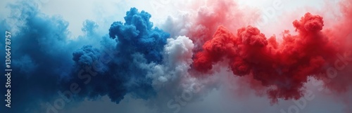 Abstract clouds design in patriotic red, white, blue like USA, France, Australia flags. Symbolic smoke background evokes national pride, unity, freedom, celebration. Memorial holiday backdrop for photo