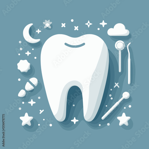 Creative dental illustration featuring a tooth surrounded by dental tools and playful elements
