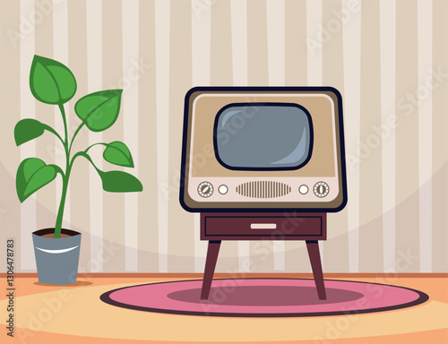 Interior of room with old television. Retro room house, old media technology, carpet and plant. Empty screen. Vintage tv. Nostalgia home. Cartoon flat style isolated vector concept