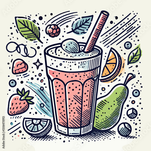Fruity cocktail illustration with a glass, straw, and various fruit elements surrounding it