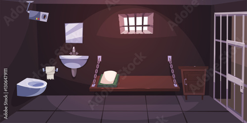 Interior of prison cell. Bed and toilet with sink. Cell interior with lattice. Window and door with steel bars. Imprisonment place. Violation of law, cartoon flat isolated vector concept