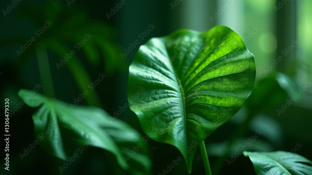 Obraz premium A Lush Green Leaf Basking in Sunlight, a Vibrant Display of Nature's Beauty and the Intricate Details of its Veins, Showcasing the Serenity of the Natural World