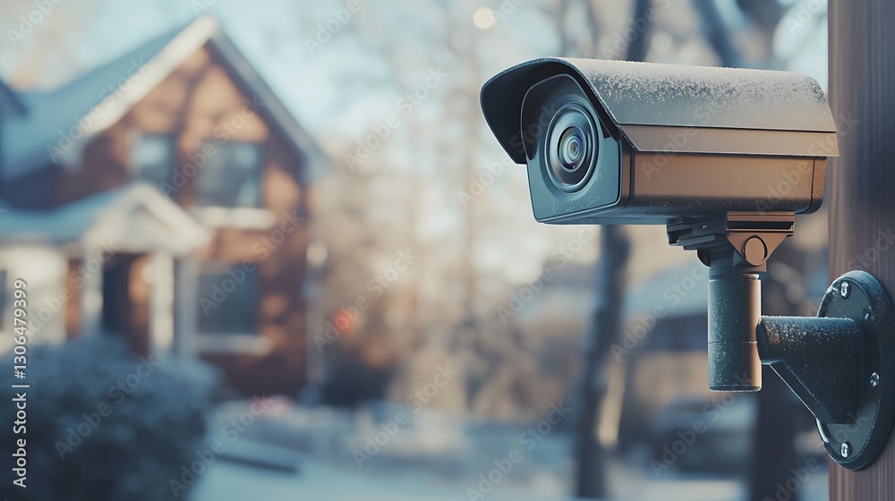Three quarter view of varifocal surveillance camera with a house on background Three quarter view of varifocal surveillance camera with a house on background