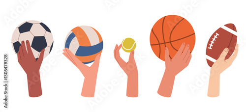 Human hands holding sports balls. Football, volleyball and tennis ball. Rugby and basketball. Competition and championship symbol, games equipment. Cartoon flat isolated vector concept
