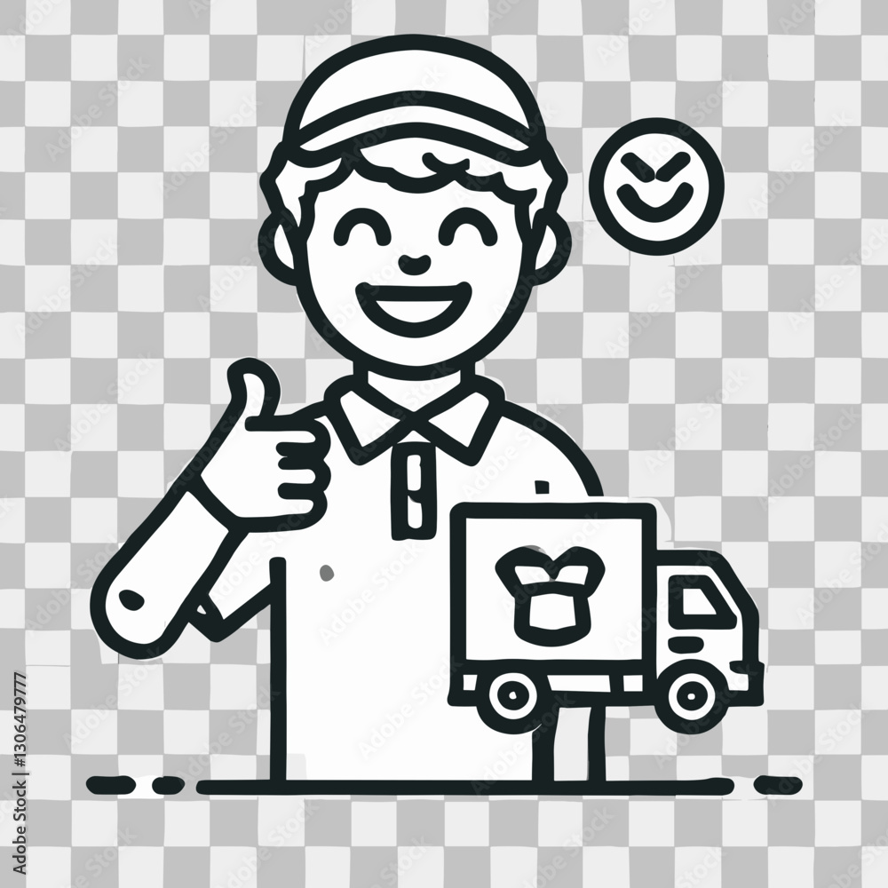 Line art illustration of a cheerful delivery person giving a thumbs up with a delivery truck for food service concept Line art illustration of a cheerful delivery person giving a thumbs up with a delivery truck for food service concept