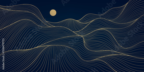 Vector wave line pattern, sea, mountains, hills art. Japanese nature illustration, china wallpaper, geometric curve wallpaper. Gold on blue.