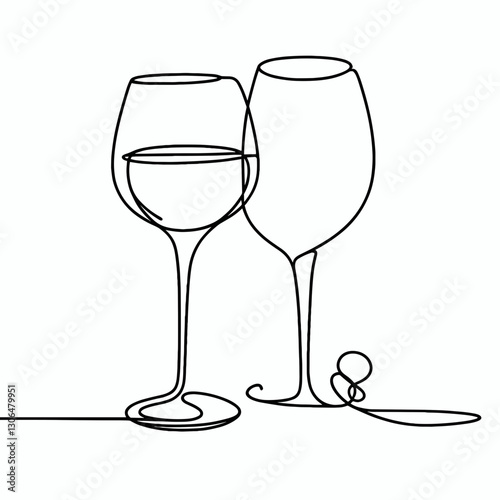 Minimalistic line art of two wine glasses with a simple swirl on a white background for celebration concept