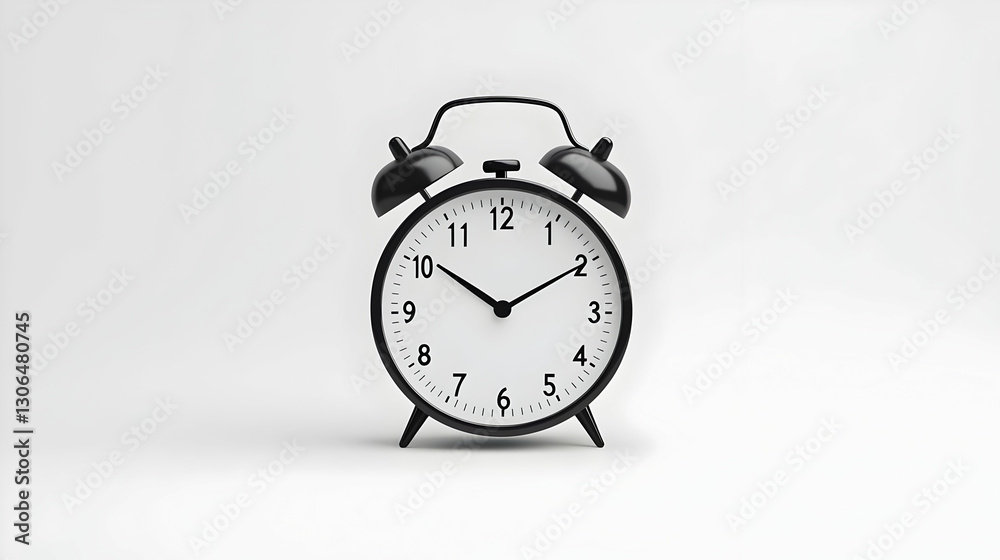 Classic Black Alarm Clock on Clean Background with White Face Classic Black Alarm Clock on Clean Background with White Face