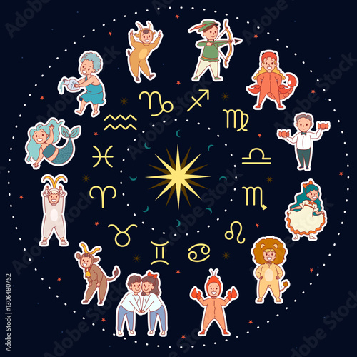 Funny children zodiac circle. Cute kids in astrological signs costumes, baby round horoscope, Aries, Taurus, Gemini, Cancer, round emblem, cartoon flat style isolated vector concept