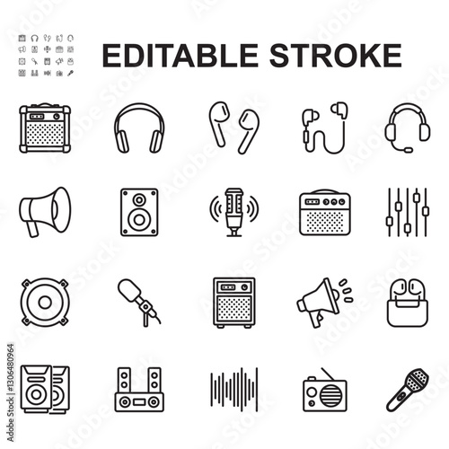 Audio and speaker icons collection. Thin line style vectors. Contains icons such as amplifier, earphone and many more.