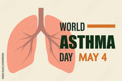 World asthma day banner or poster. Human lungs and text on a beige background. Minimalist vector infographics