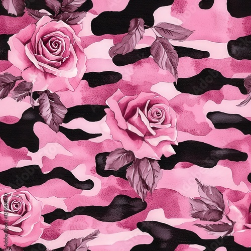 Beautiful Pink Roses Against Trendy Black and Pink Camo Background Design