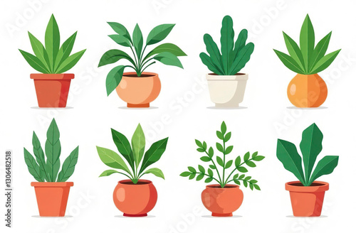 A set of icons of indoor green plants in pots on a white background.