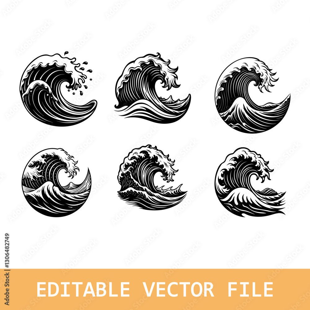 Silhouette of water wave vector icon, Wave beach vector symbol, Set of sea wave logo in black
Silhouette of water wave vector icon, Wave beach vector symbol, Set of sea wave logo in black