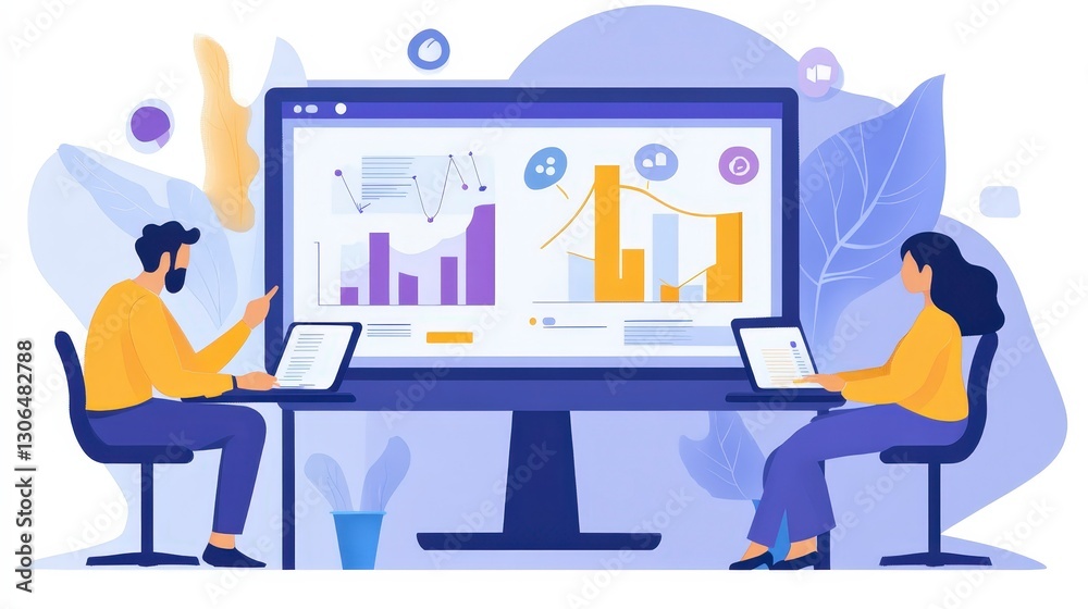 Fototapeta premium People Analyzing Data Using Laptops with Graphs and Charts on Large Screen