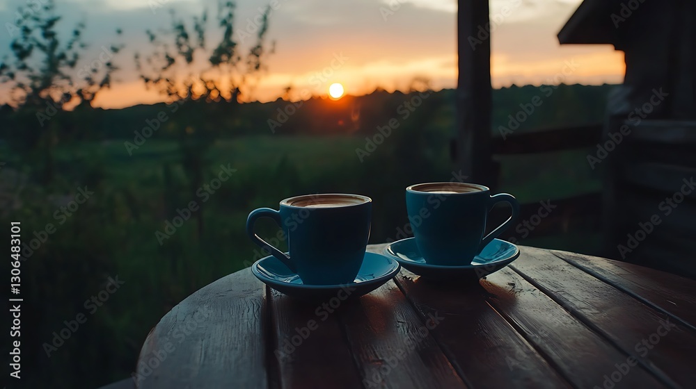 Two cups of coffee on the table on the wooden brown terrace during evening sunset Two cups of coffee on the table on the wooden brown terrace during evening sunset