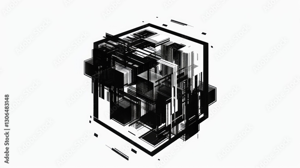 Picture of complex square shape cube in a monochrome glitch sketch style by black pencil using shading to express dimension and geometric shape through drawing line, Concept of mystery puzzle. AIG53. Picture of complex square shape cube in a monochrome glitch sketch style by black pencil using shading to express dimension and geometric shape through drawing line, Concept of mystery puzzle. AIG53.