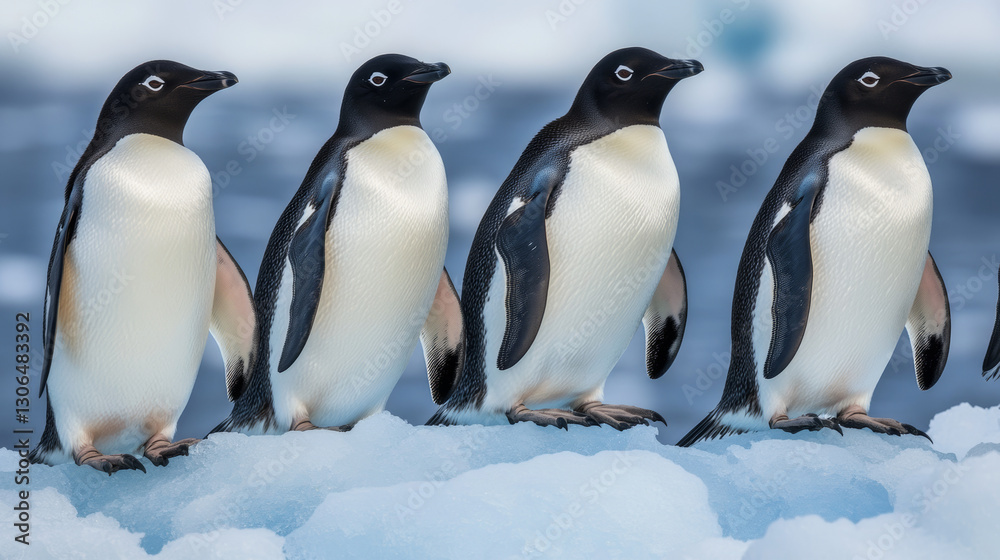 Obraz premium Adelie penguins standing on iceberg in Antarctic landscape with snow and ice, wildlife conservation and climate change concept
