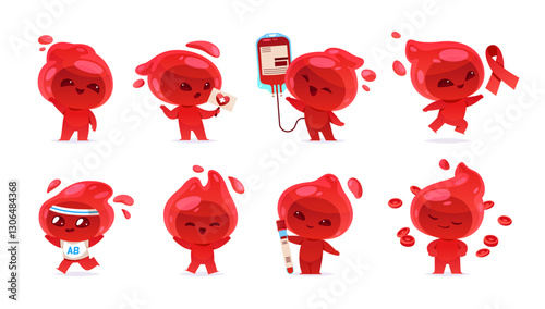 Cartoon blood drop. Cute red mascot, funny creation, donation smiling character, different poses and actions, medical theme. Donation and transfusion tidy vector isolated set