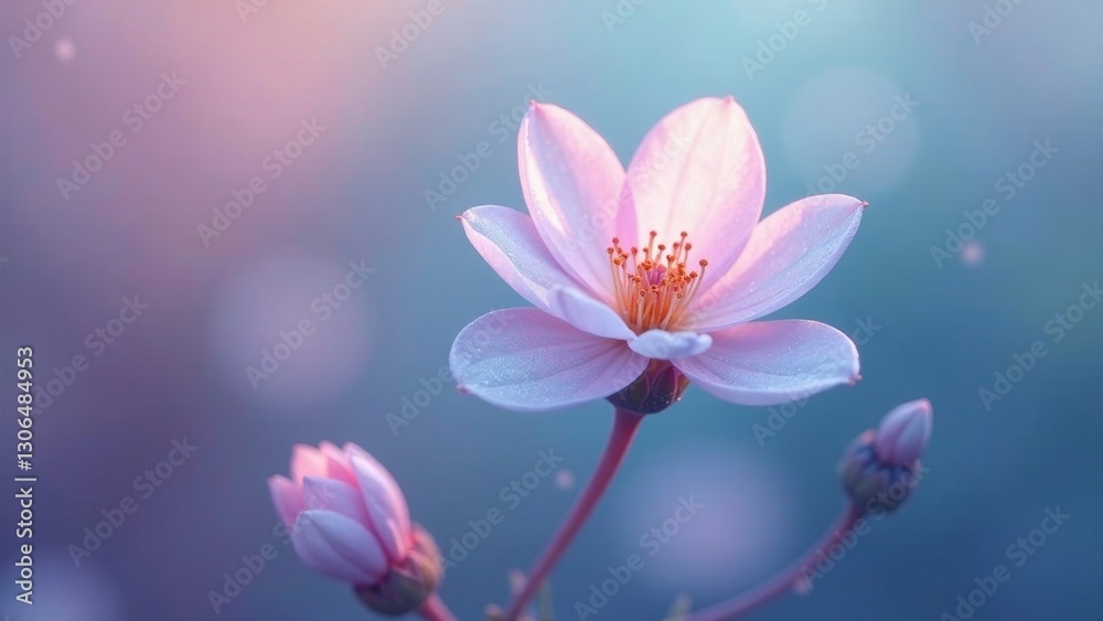 Fototapeta premium A Delicate Pink Blossom in Soft Light, Glowing with Gentle Radiance, Surrounded by Blurred Background and Other Buds