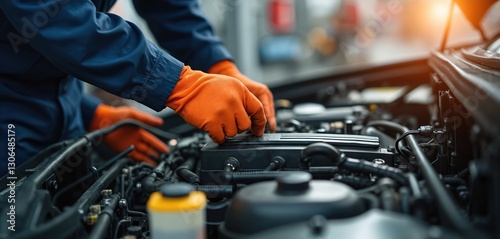 Car mechanic repairs auto engine in workshop. Orange gloves hands check electric battery system. Automotive maintenance service, safety inspection, diagnostics of modern transportation. Repairing
