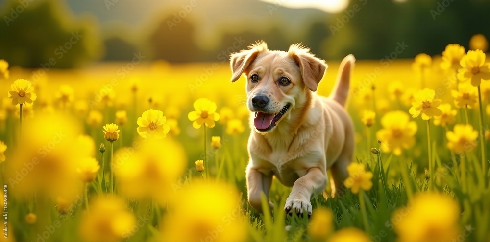 Cheerful dog exploring golden rape field in full bloom on warm summer day, vibrant, running Cheerful dog exploring golden rape field in full bloom on warm summer day, vibrant, running