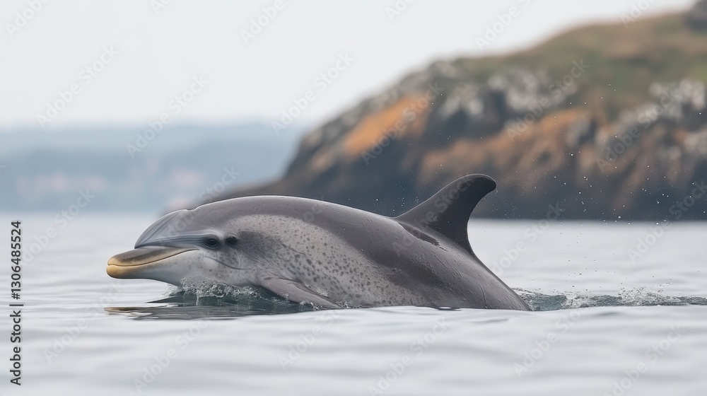 Fototapeta premium A bottlenose dolphin gliding just beneath the surface of a calm blue sea.