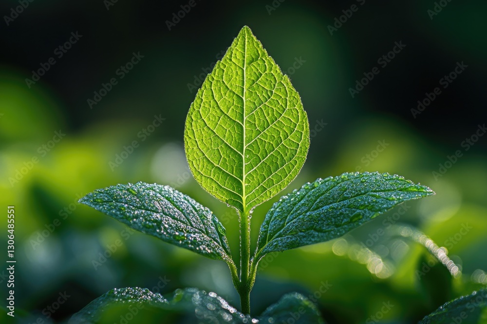 Close-up shot of a leaf with water droplets glistening on its surface, great for use in nature or science-related contexts Close-up shot of a leaf with water droplets glistening on its surface, great for use in nature or science-related contexts