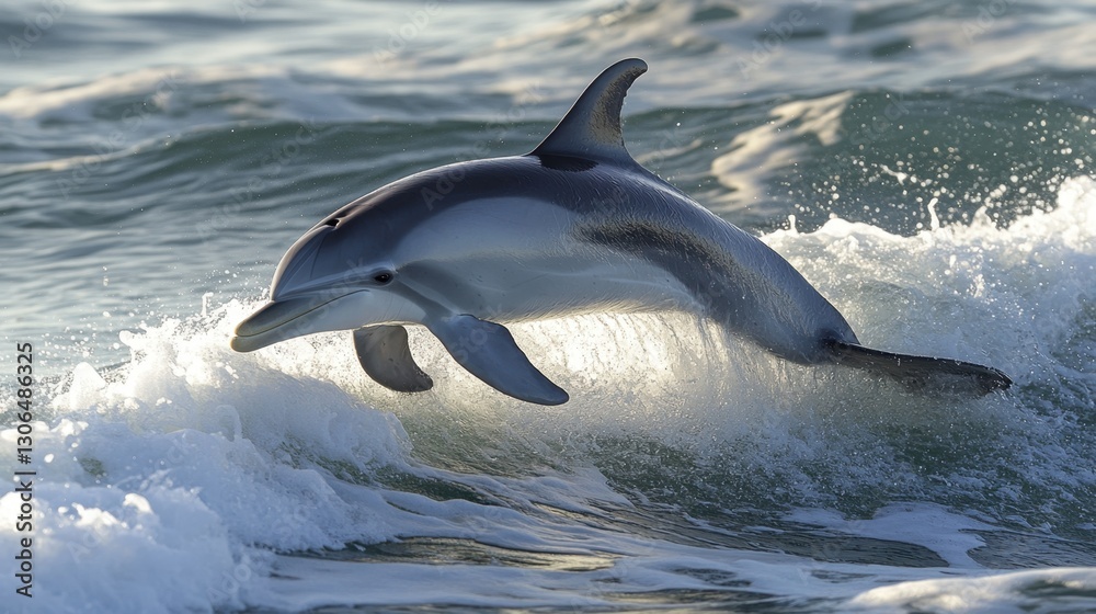 Naklejka premium A dolphin emerging from the waves, its dorsal fin cutting through the water.
