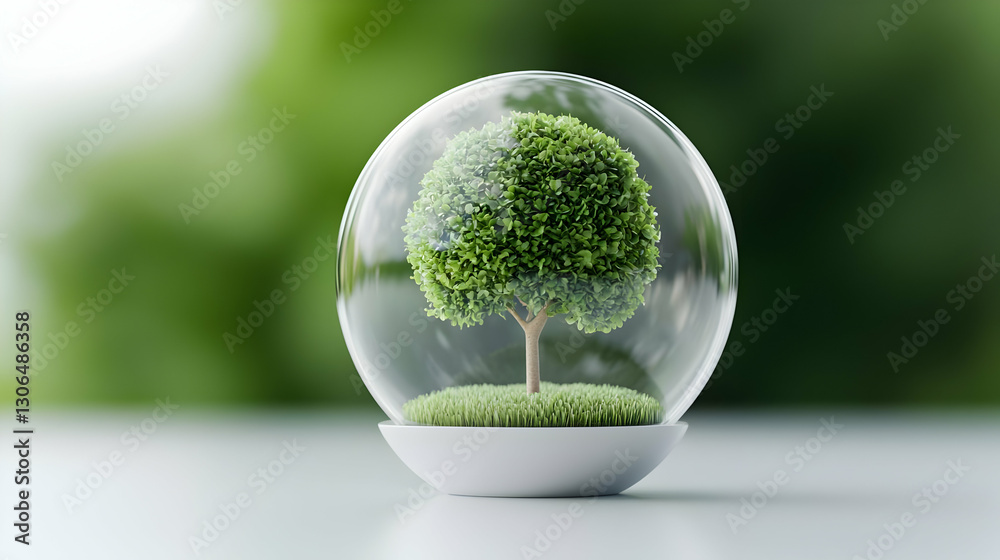 Green Tree Inside a Glass Sphere Representing Nature Conservation Green Tree Inside a Glass Sphere Representing Nature Conservation