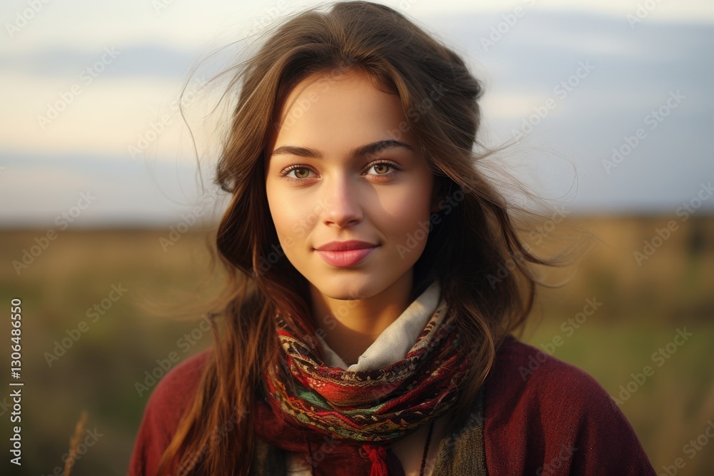 Fototapeta premium A young woman with flowing hair stands confidently in a vast field, her warm smile radiating as the sun begins to set. The vibrant scarf around her neck adds a touch of color to the tranquil scene