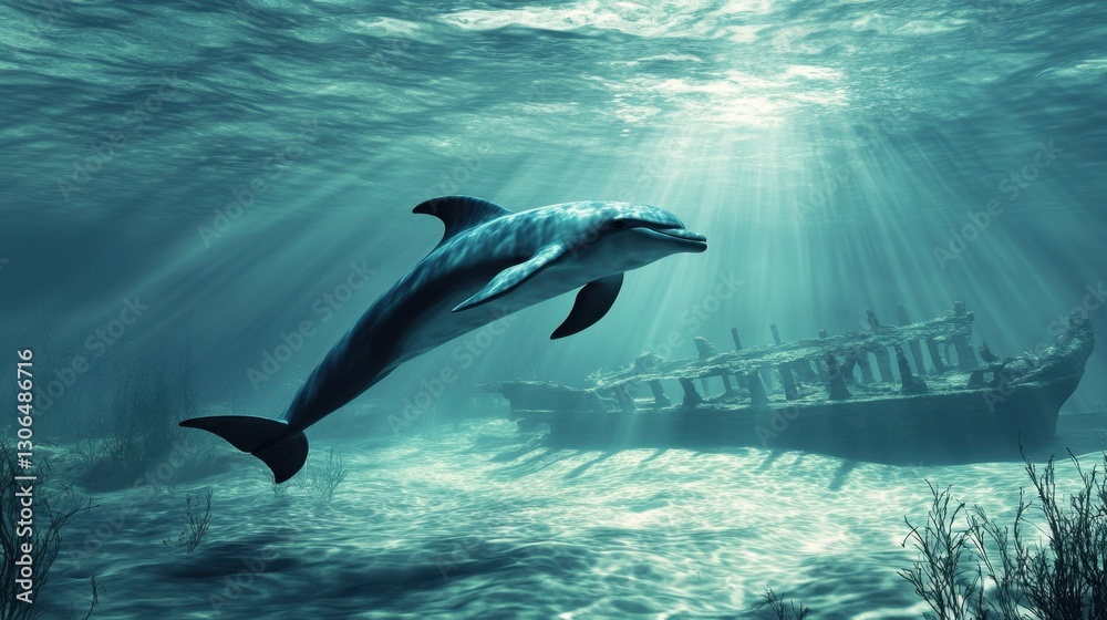 Obraz premium A dolphin swimming near an ancient shipwreck, exploring its mysterious depths.