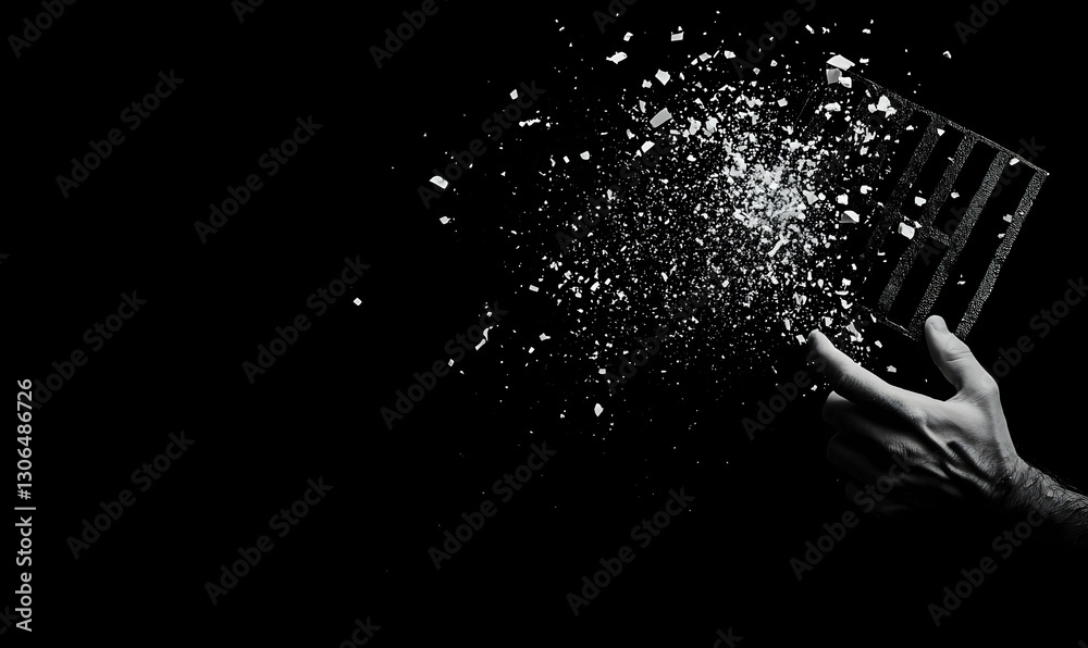 Obraz premium Hand Shattering Objects in Darkness Creating a Dramatic Visual Effect
