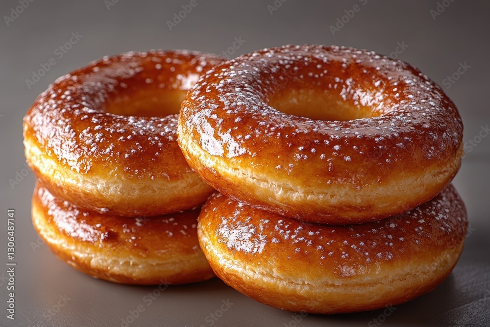 A stack of three glazed donuts sitting on a table, perfect for a breakfast or snack A stack of three glazed donuts sitting on a table, perfect for a breakfast or snack