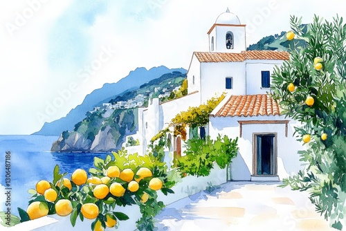 Charming Coastal Scene with Whitewashed House and Citrus Trees in Watercolor Style