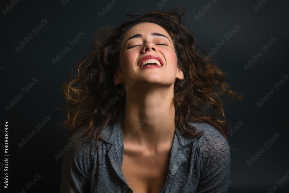 With her head tilted back and a wide smile, a woman exudes pure joy in a dimly lit indoor space. The atmosphere feels intimate as her curly hair dances around her, reflecting a sense of freedom With her head tilted back and a wide smile, a woman exudes pure joy in a dimly lit indoor space. The atmosphere feels intimate as her curly hair dances around her, reflecting a sense of freedom