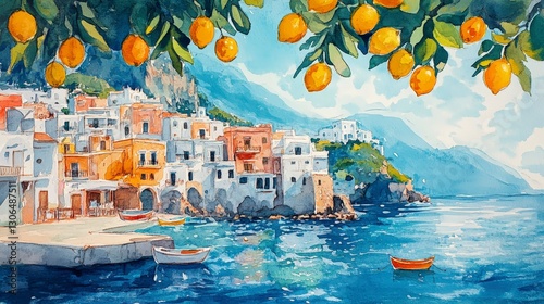 Serene Coastal Village with Lemon Trees and Colorful Houses by the Water
