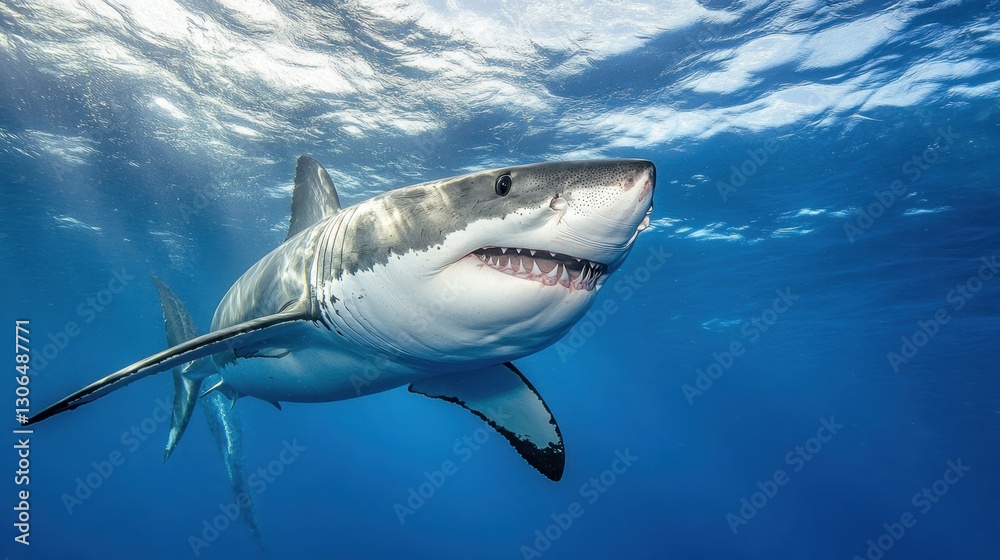 Naklejka premium A great white shark cruising just below the water's surface, its dorsal fin slicing through.