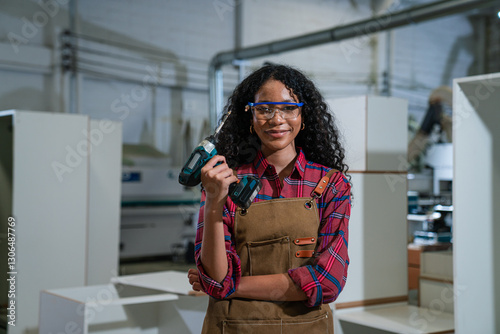 Portrait of female carpenter doing some work in a woodshop photo