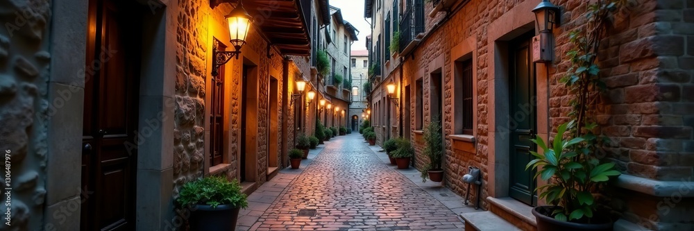 Narrow passageway in historic town with uneven brick floors and vintage lanterns, vintage, alleyway Narrow passageway in historic town with uneven brick floors and vintage lanterns, vintage, alleyway