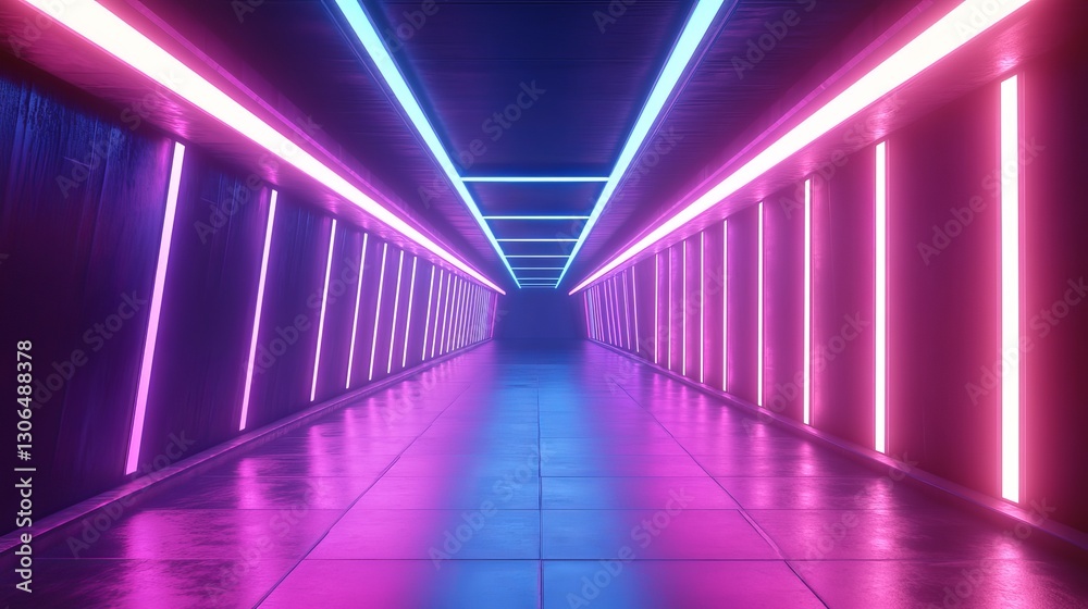 A 3D-rendered abstract scene features an ultraviolet-lit tunnel with glowing blue, pink, and violet neon panels, designed for nightclubs, fashion stages, or performance venues A 3D-rendered abstract scene features an ultraviolet-lit tunnel with glowing blue, pink, and violet neon panels, designed for nightclubs, fashion stages, or performance venues